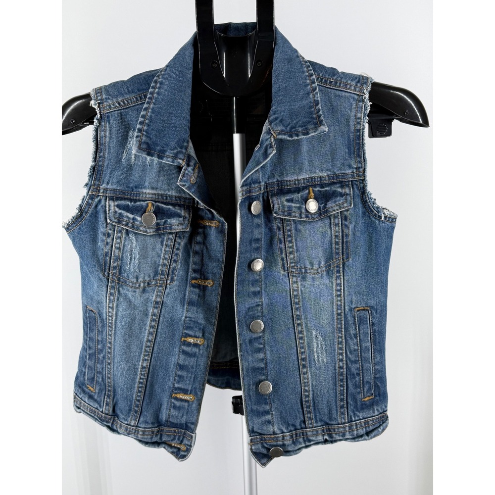 Comfort Denim Womens Medium Wash Distressed Denim Vest Blue Size M Sleeveless